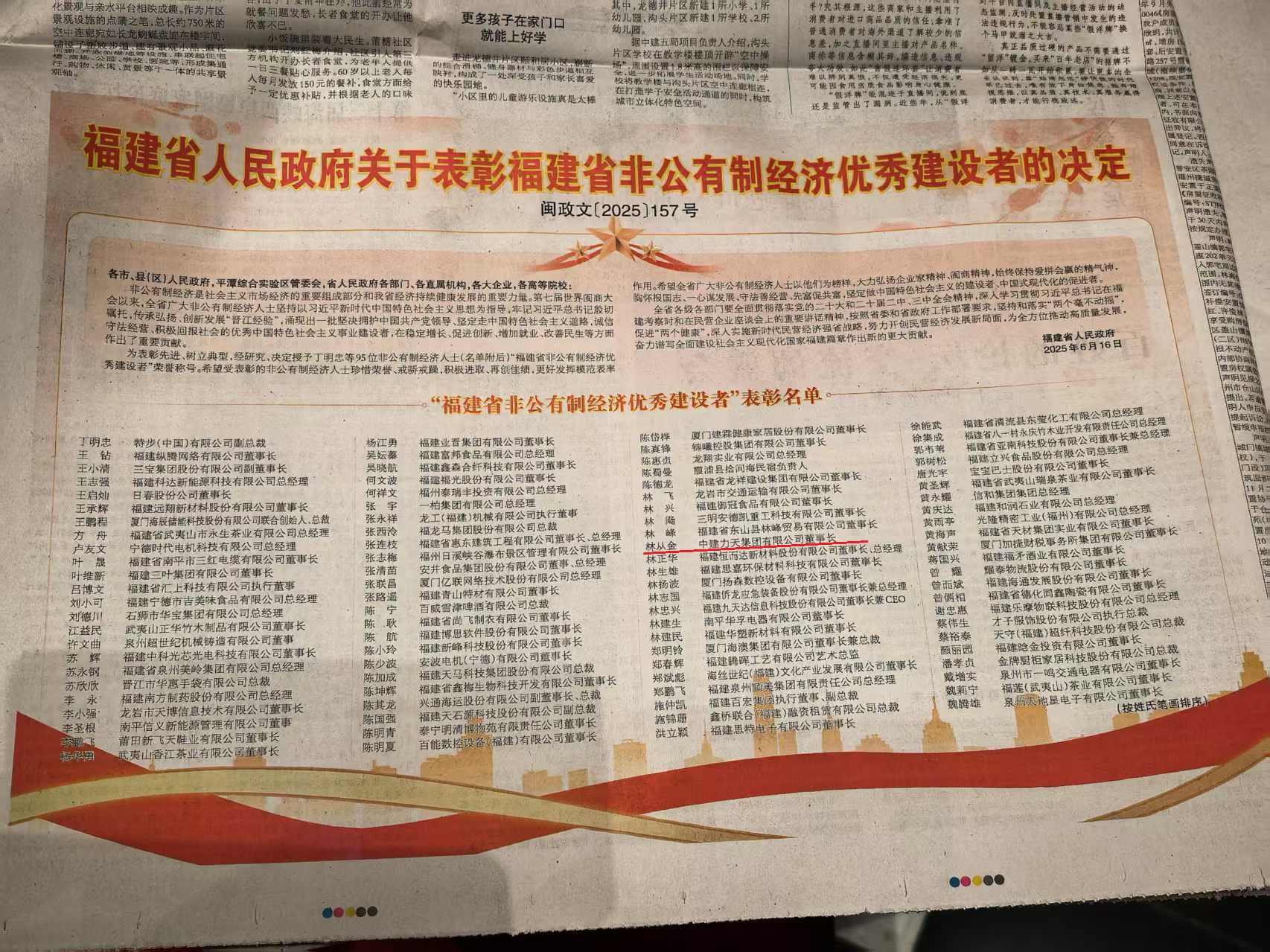董事长林从金荣获“福建省非公有制经济优秀建设者”荣誉称号